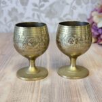 Pair Vintage Etched Indian Brass Goblets | Miniature Footed Cups | Boho Home Decor