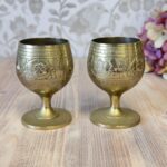 Pair Vintage Etched Indian Brass Goblets | Miniature Footed Cups | Boho Home Decor