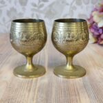 Pair Vintage Etched Indian Brass Goblets | Miniature Footed Cups | Boho Home Decor