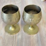 Pair Vintage Etched Indian Brass Goblets | Miniature Footed Cups | Boho Home Decor