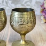 Pair Vintage Etched Indian Brass Goblets | Miniature Footed Cups | Boho Home Decor