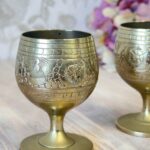 Pair Vintage Etched Indian Brass Goblets | Miniature Footed Cups | Boho Home Decor