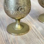 Pair Vintage Etched Indian Brass Goblets | Miniature Footed Cups | Boho Home Decor