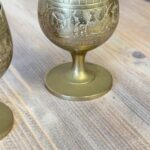 Pair Vintage Etched Indian Brass Goblets | Miniature Footed Cups | Boho Home Decor