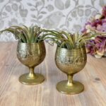 Pair Vintage Etched Indian Brass Goblets | Miniature Footed Cups | Boho Home Decor