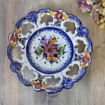 Vintage Faireal Alcobaca Plate, Hand Painted Portuguese Ceramic Display Plate, Reticulated Floral Design