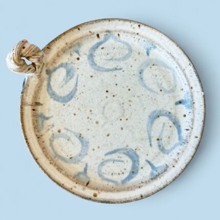 Handmade Speckled Ceramic Plate with Handle, Rustic Stoneware Dish, Blue Motif