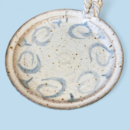 Handmade Speckled Ceramic Plate with Handle, Rustic Stoneware Dish, Blue Motif