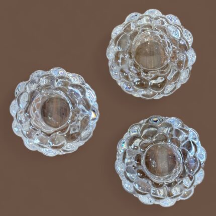Set of 3 Orrefors Hallon Raspberry Votive Candle Holders, Anne Nilsson Swedish Crystal, c.1980