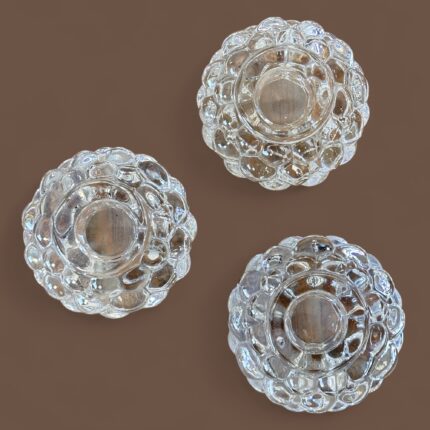 Set of 3 Orrefors Hallon Raspberry Votive Candle Holders, Anne Nilsson Swedish Crystal, c.1980