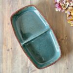 Vintage Studio Pottery Divided Dish, Mid-Century Terracotta Serving Tray, Green
