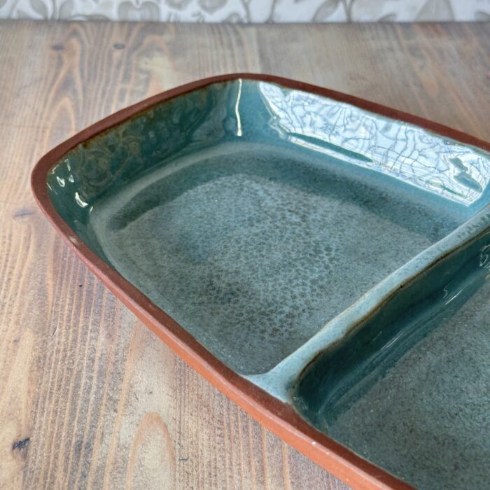 Vintage Studio Pottery Divided Dish, Mid-Century Terracotta Serving Tray, Green