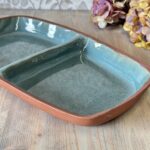 Vintage Studio Pottery Divided Dish, Mid-Century Terracotta Serving Tray, Green