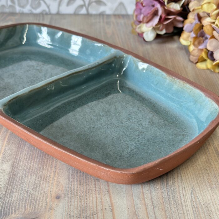 Vintage Studio Pottery Divided Dish, Mid-Century Terracotta Serving Tray, Green