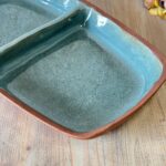 Vintage Studio Pottery Divided Dish, Mid-Century Terracotta Serving Tray, Green