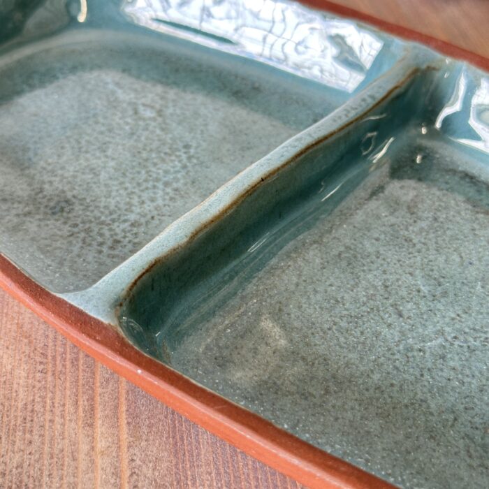 Vintage Studio Pottery Divided Dish, Mid-Century Terracotta Serving Tray, Green