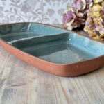 Vintage Studio Pottery Divided Dish, Mid-Century Terracotta Serving Tray, Green