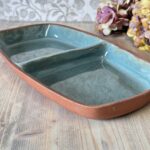 Vintage Studio Pottery Divided Dish, Mid-Century Terracotta Serving Tray, Green