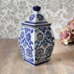 Vintage Chinese Ginger Jar, Square Blue & White Porcelain Jar with Gold Gilt