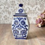 Vintage Chinese Ginger Jar, Square Blue & White Porcelain Jar with Gold Gilt