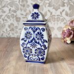 Vintage Chinese Ginger Jar, Square Blue & White Porcelain Jar with Gold Gilt