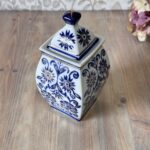 Vintage Chinese Ginger Jar, Square Blue & White Porcelain Jar with Gold Gilt