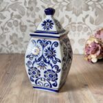 Vintage Chinese Ginger Jar, Square Blue & White Porcelain Jar with Gold Gilt