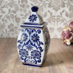 Vintage Chinese Ginger Jar, Square Blue & White Porcelain Jar with Gold Gilt