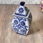 Vintage Chinese Ginger Jar, Square Blue & White Porcelain Jar with Gold Gilt
