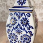 Vintage Chinese Ginger Jar, Square Blue & White Porcelain Jar with Gold Gilt