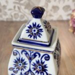 Vintage Chinese Ginger Jar, Square Blue & White Porcelain Jar with Gold Gilt