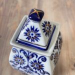Vintage Chinese Ginger Jar, Square Blue & White Porcelain Jar with Gold Gilt