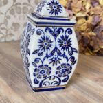 Vintage Chinese Ginger Jar, Square Blue & White Porcelain Jar with Gold Gilt