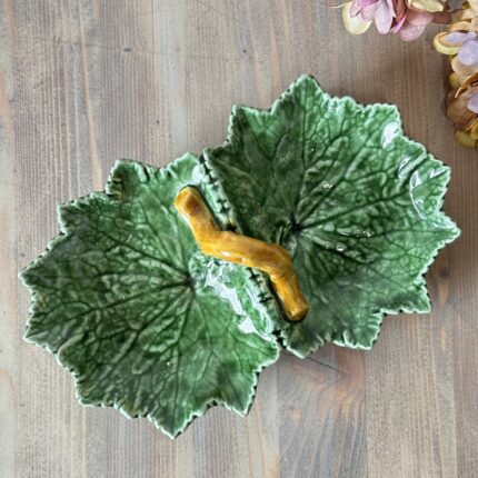 Vintage Bordallo Pinheiro Leaf Dish, Portuguese Majolica Serving Platter, Green Ceramic