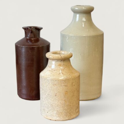 Antique Stoneware Ink Bottles, Set of 3 Rustic Bud Vases, Farmhouse Pottery