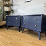 Mid-Century Modern Nightstands, Pair of Blue Bedside Tables, Navy Blue Nightstands with Gold Knobs, Vintage G-Plan Furniture
