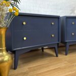 Mid-Century Modern Nightstands, Pair of Blue Bedside Tables, Navy Blue Nightstands with Gold Knobs, Vintage G-Plan Furniture