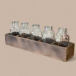 Rustic Farmhouse Bottle Holder, Vintage Style Glass Bud Vase Set in Wooden Crate