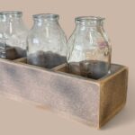 Rustic Farmhouse Bottle Holder, Vintage Style Glass Bud Vase Set in Wooden Crate