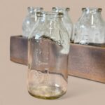 Rustic Farmhouse Bottle Holder, Vintage Style Glass Bud Vase Set in Wooden Crate