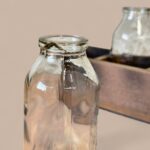 Rustic Farmhouse Bottle Holder, Vintage Style Glass Bud Vase Set in Wooden Crate