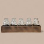 Rustic Farmhouse Bottle Holder, Vintage Style Glass Bud Vase Set in Wooden Crate