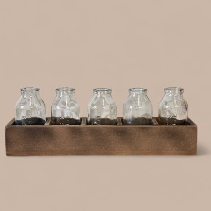 Rustic Farmhouse Bottle Holder, Vintage Style Glass Bud Vase Set in Wooden Crate