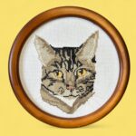 Vintage 1991 Framed Cross Stitch Cat, Handmade Tabby Cat Wall Art, Retro 90s Deco