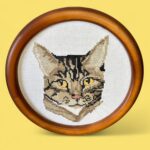 Vintage 1991 Framed Cross Stitch Cat, Handmade Tabby Cat Wall Art, Retro 90s Deco