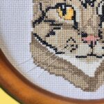 Vintage 1991 Framed Cross Stitch Cat, Handmade Tabby Cat Wall Art, Retro 90s Deco