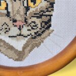 Vintage 1991 Framed Cross Stitch Cat, Handmade Tabby Cat Wall Art, Retro 90s Deco