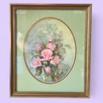 Original Signed Paula Thrift Pastel, Vintage Pink Rose Floral Art, Gold Frame