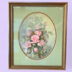 Original Signed Paula Thrift Pastel, Vintage Pink Rose Floral Art, Gold Frame
