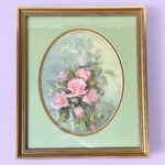 Original Signed Paula Thrift Pastel, Vintage Pink Rose Floral Art, Gold Frame